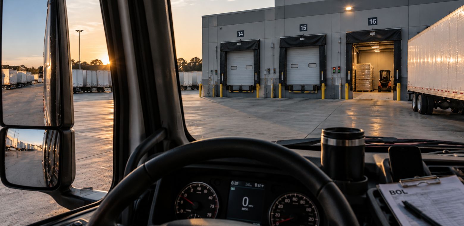 From the driver's seat: steering wheel, coffee and a BOL on the dash, speedometer reading zero, closed dock doors ahead at sunrise.