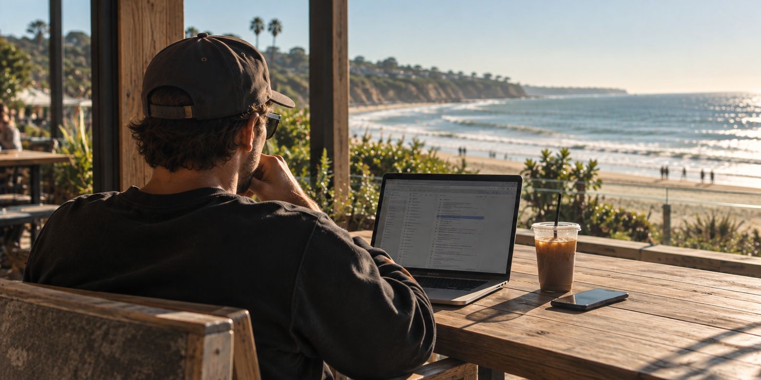 An agent working on a laptop at an outdoor table above the beach, coffee and phone beside them.